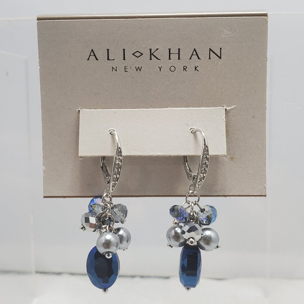 Ali Khan silver tone with deep blue crystal dangle earring